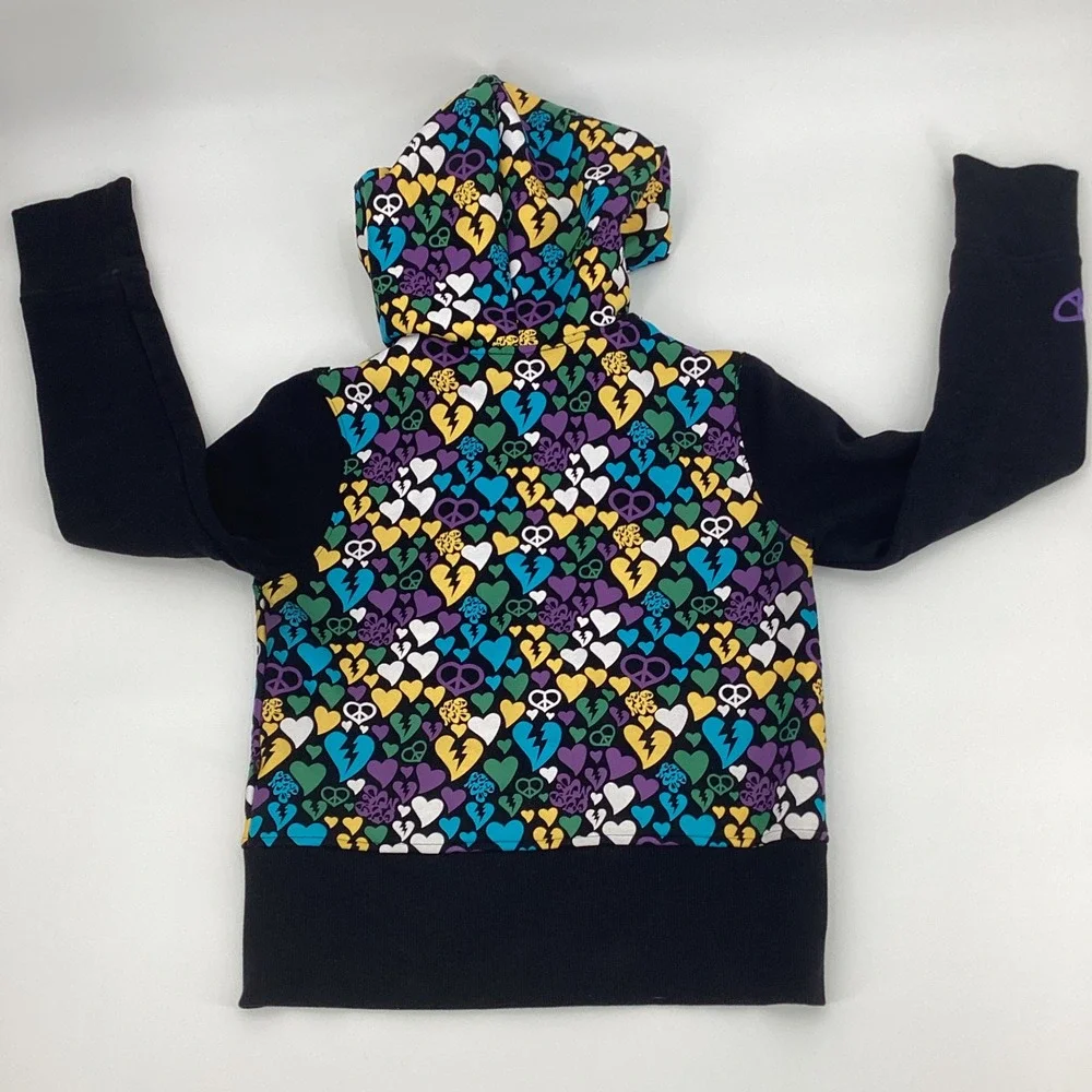Akumu Ink Womens Black Heart Peace Print Zip Up Hoodie Velvet Lined Hood Large